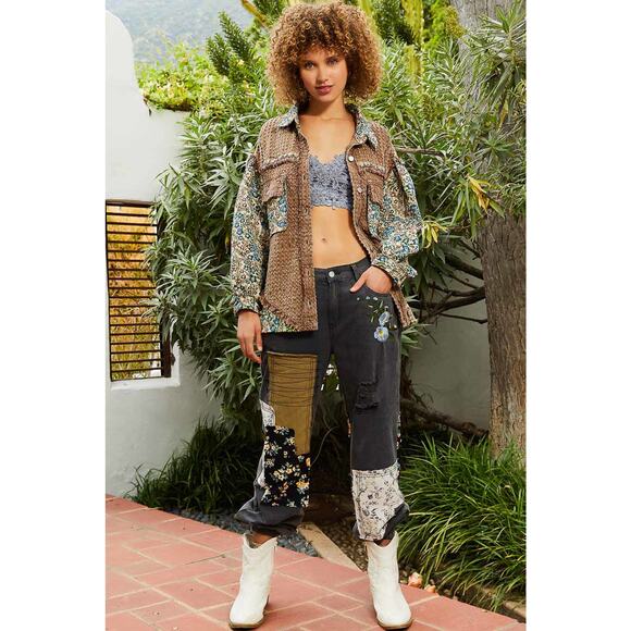 POL Chocolate Multi Oversized Jacquard Tapestry Button Down Floral Print Shacket - Picture 3 of 5